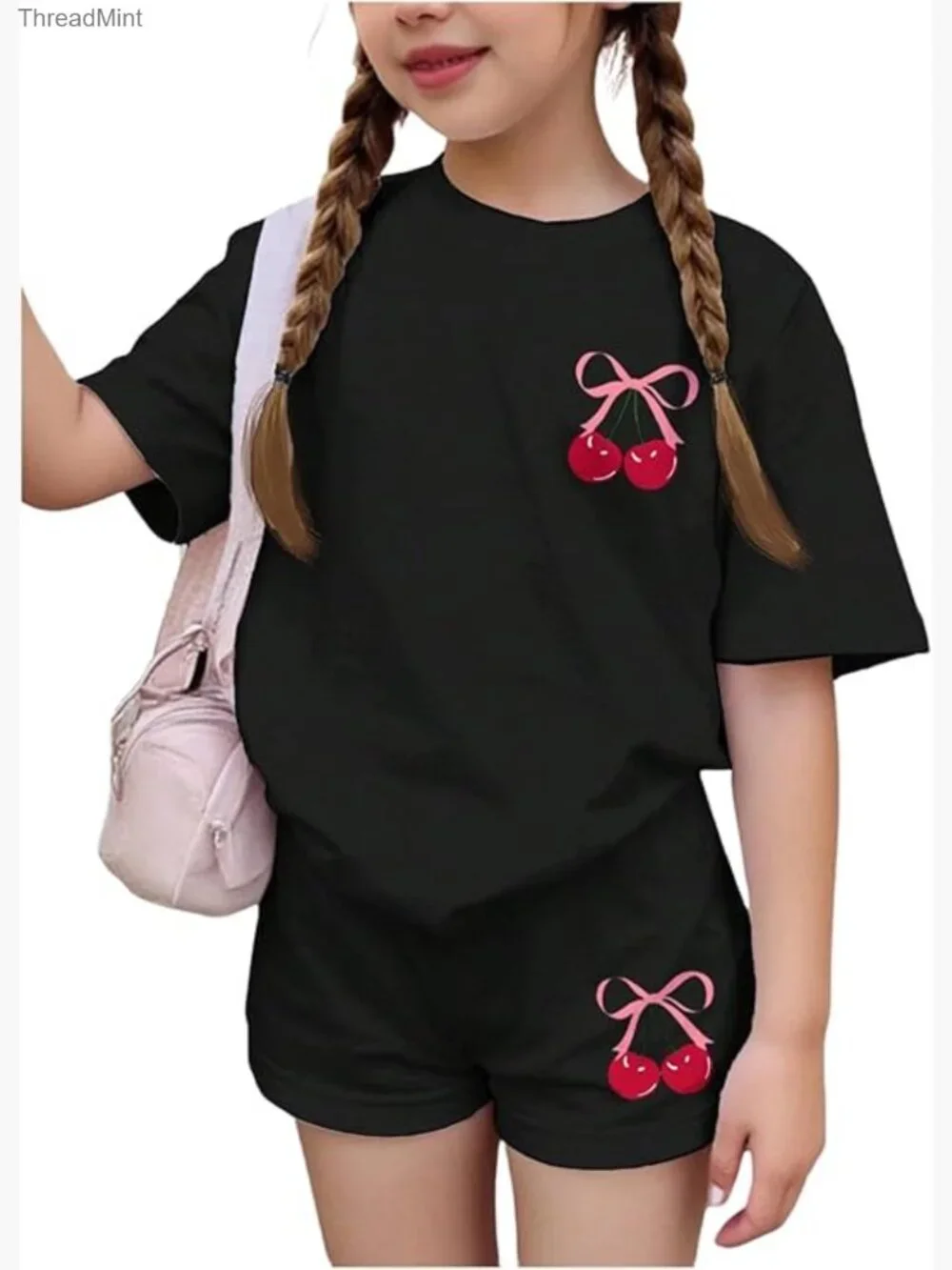 Girls 2 Piece Set Cherry Graphic Tee and Shorts Summer